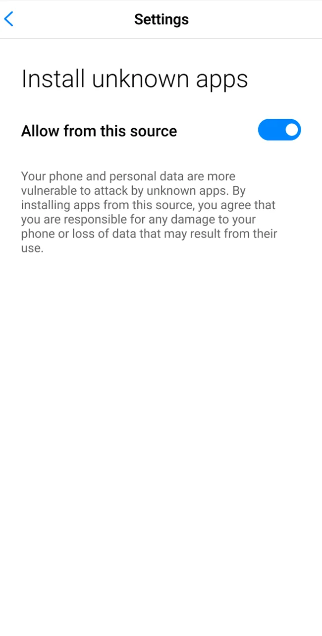 System prompt to allow installation from unknown sources.