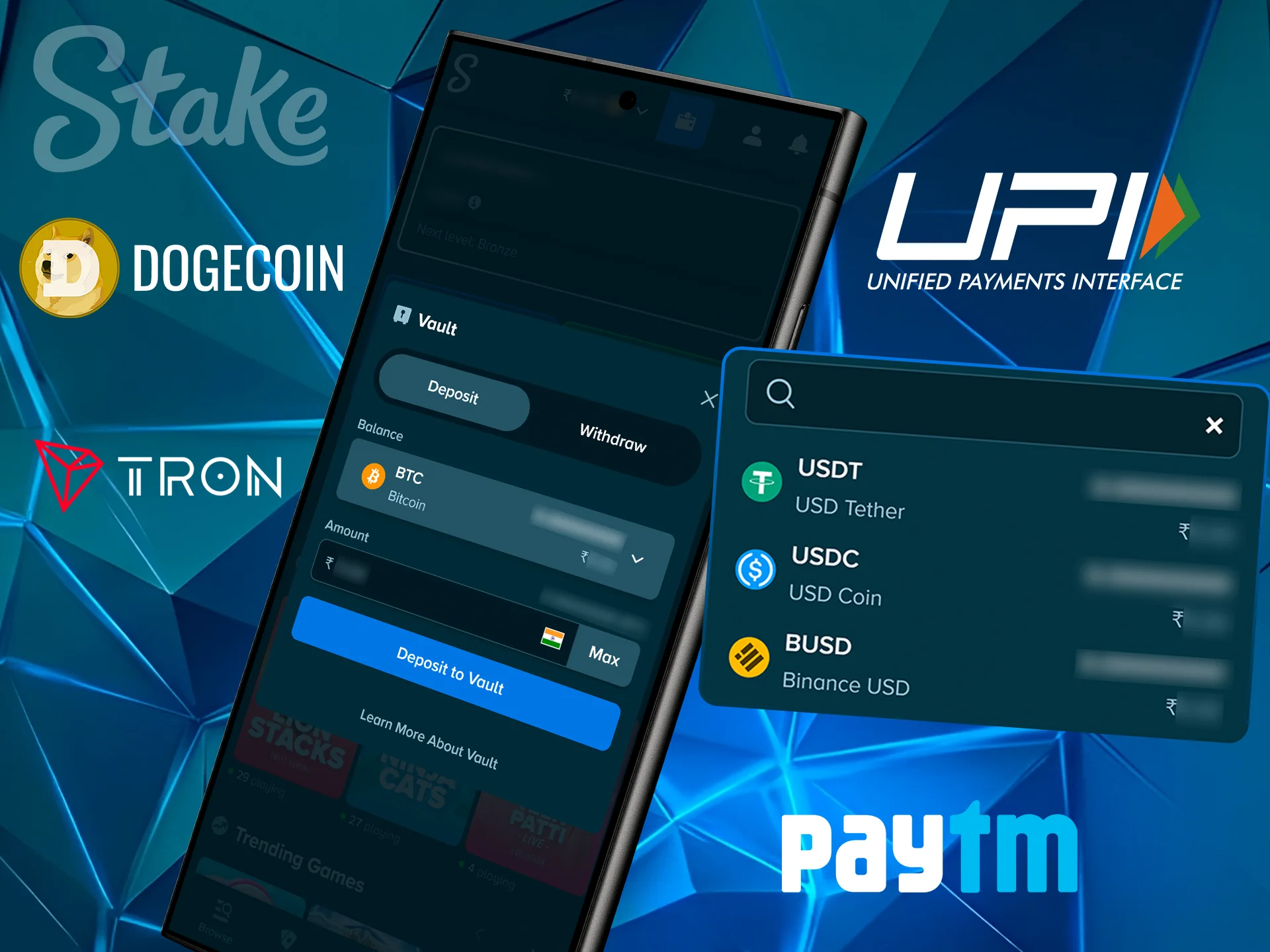 Mobile deposit interface showing payment method selection.