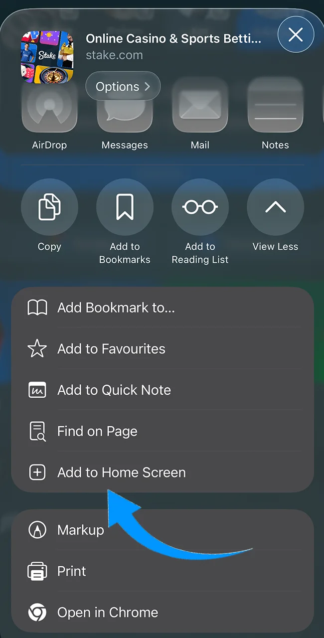 iOS menu showing the "Add to Home Screen" option.