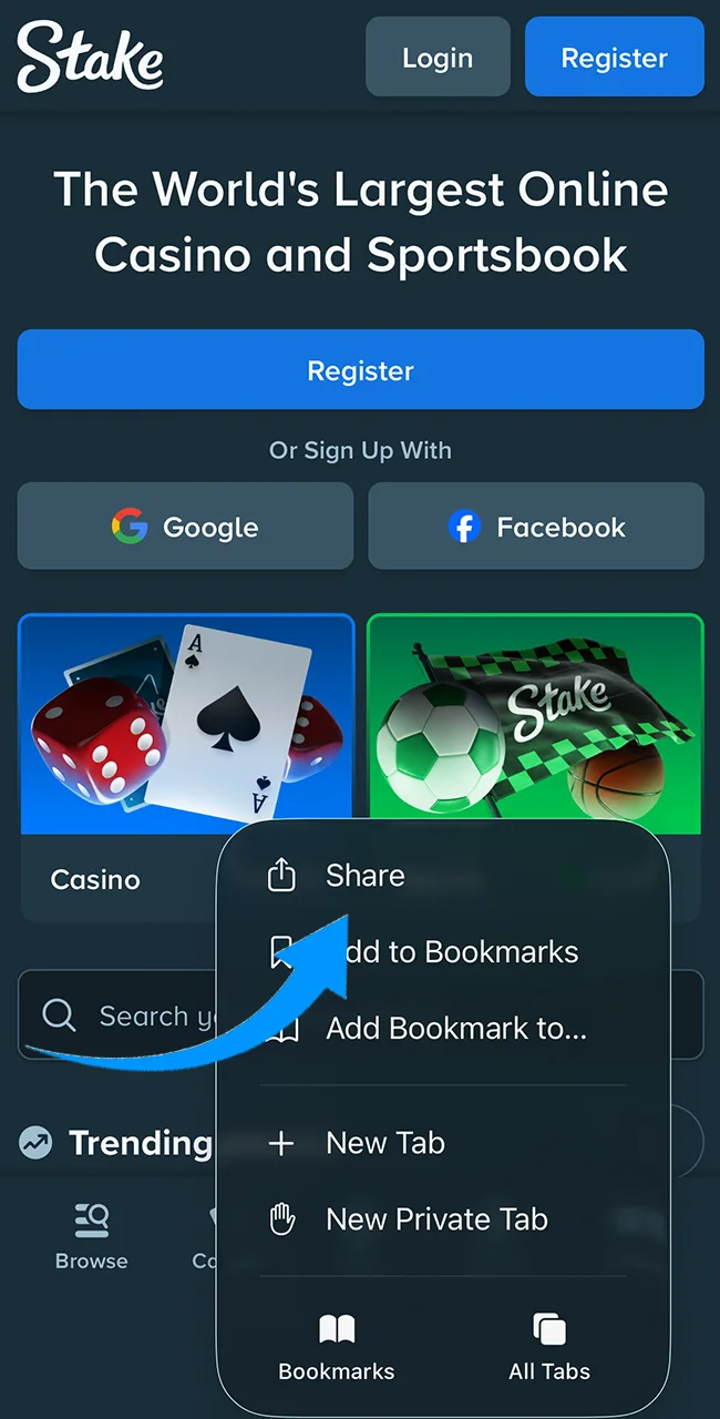 Tapping the share icon in Safari to install app.