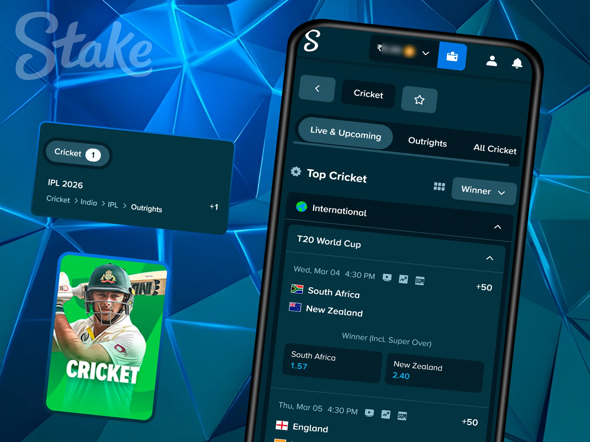 Mobile screen showing live IPL cricket betting.