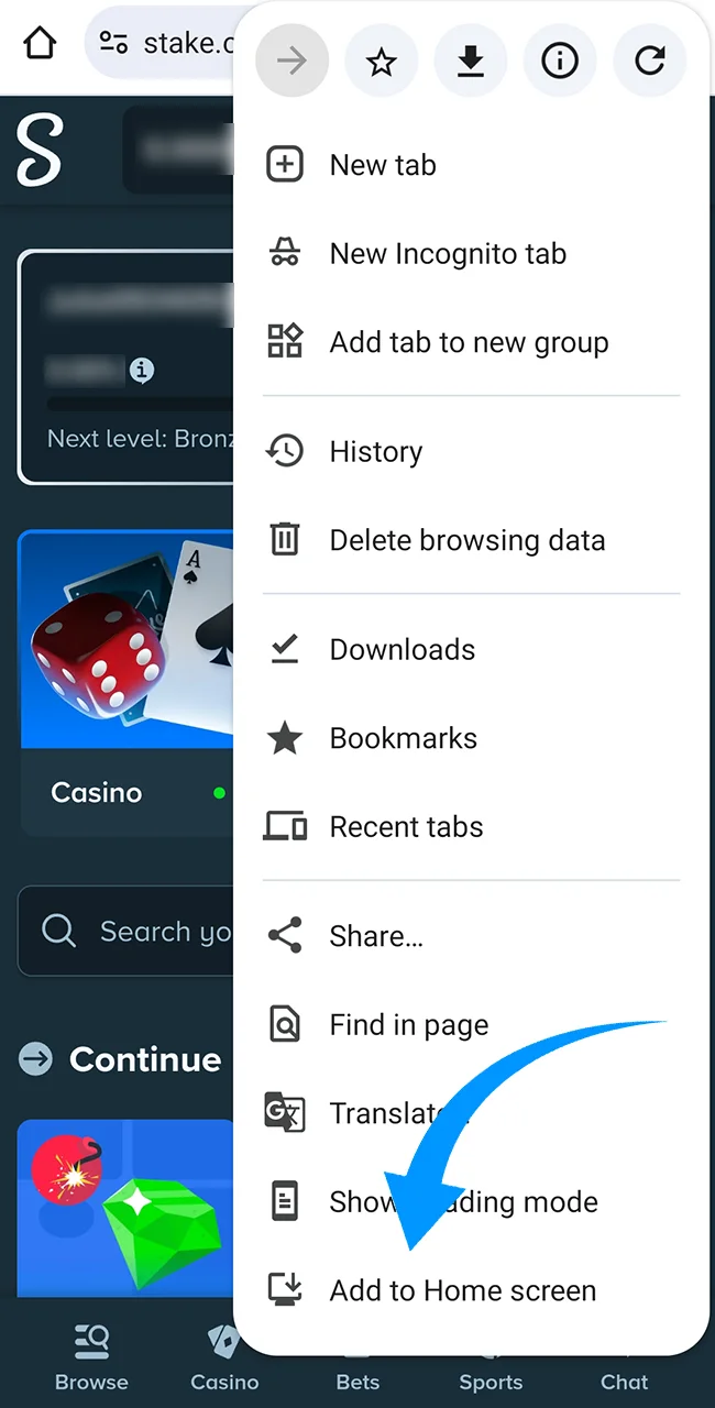 Browser pop-up offering to install Stake as PWA.