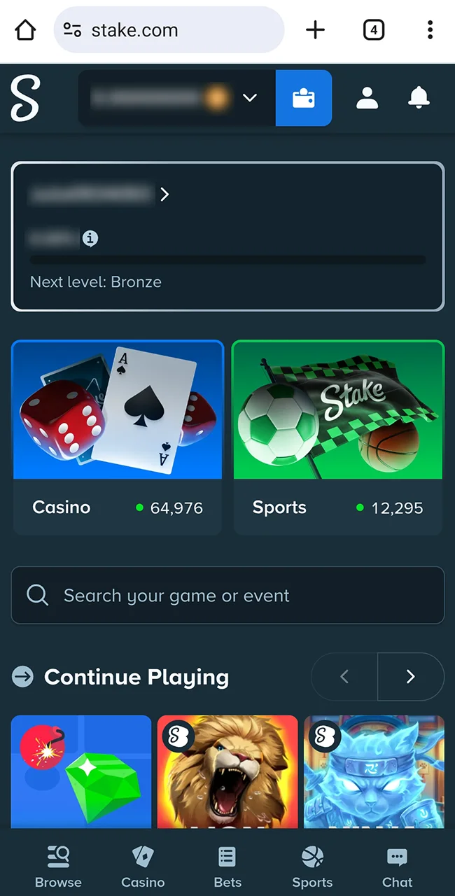 Interface showing the Stake PWA running in standalone mode.