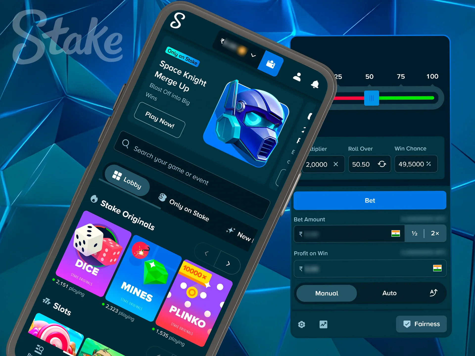 Vertical layout featuring Stake original casino games.