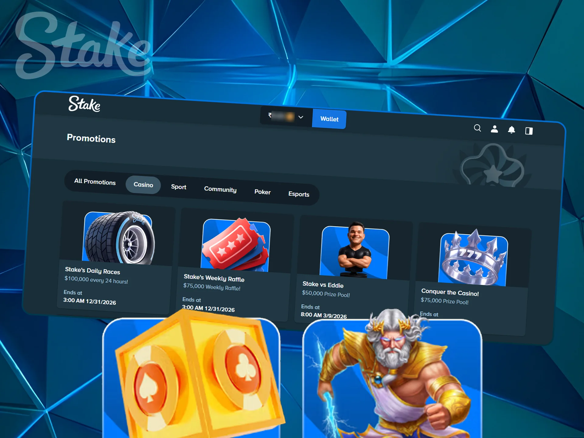 Casino cards showcasing active gambling promotions on Stake.