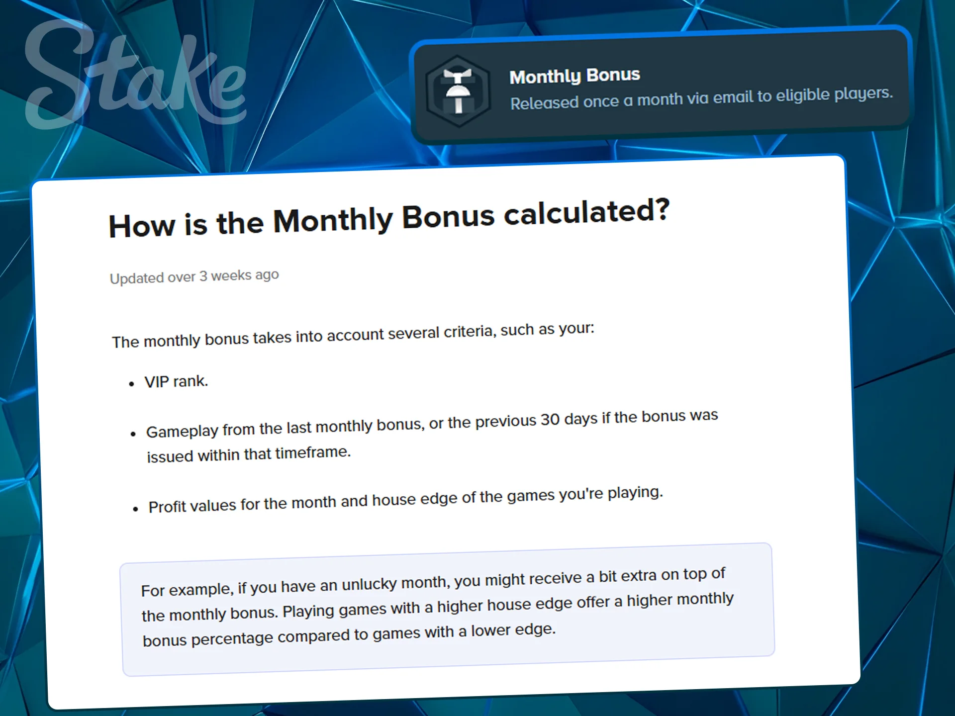 Monthly bonus notification on a dark interface background.