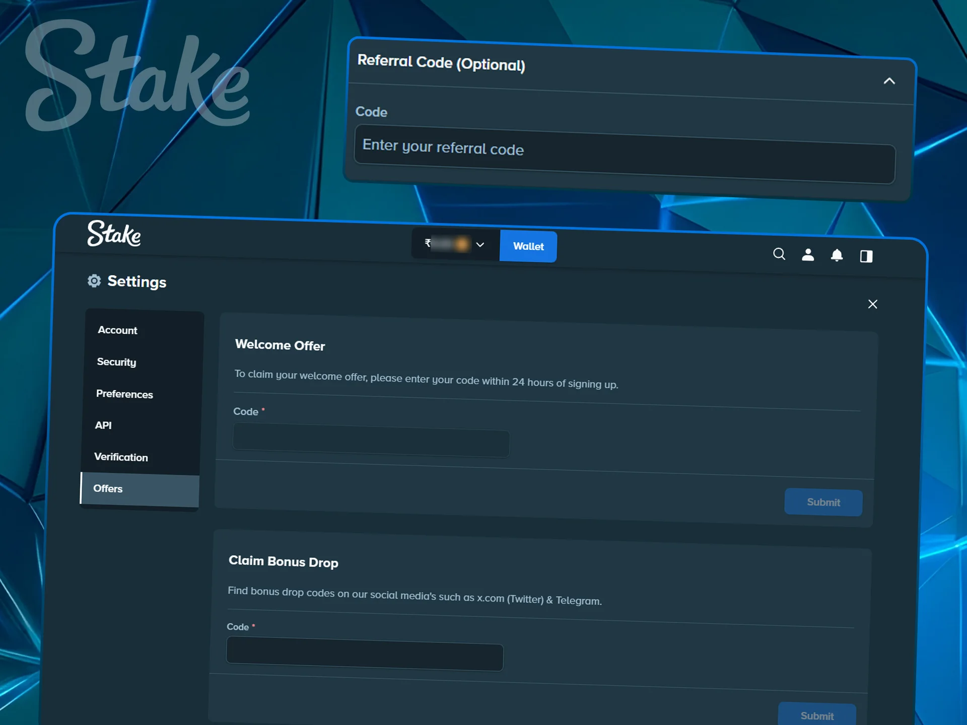 Interface for entering a promotional bonus code.