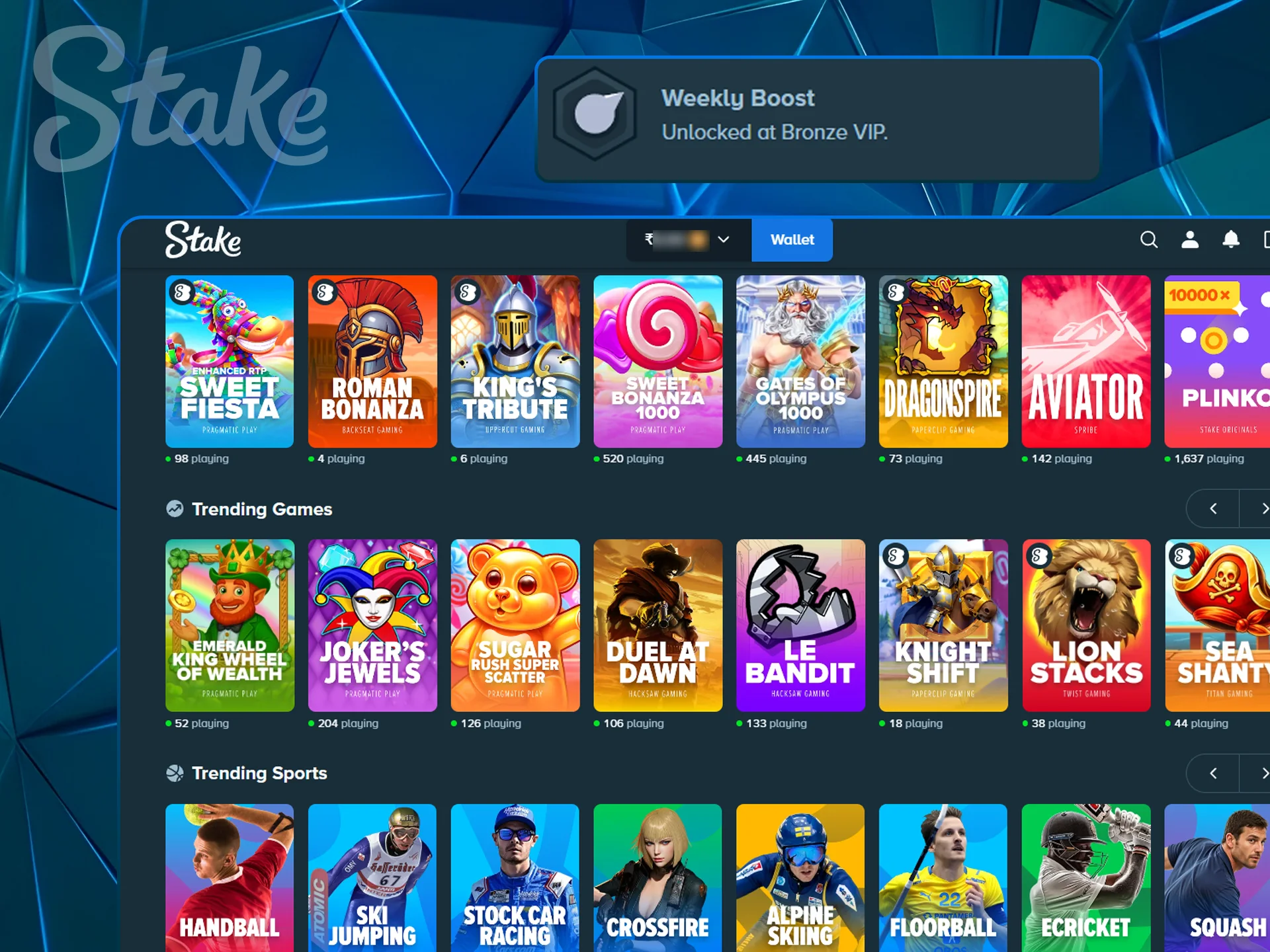 Weekly boost promotion graphic for active Stake players.