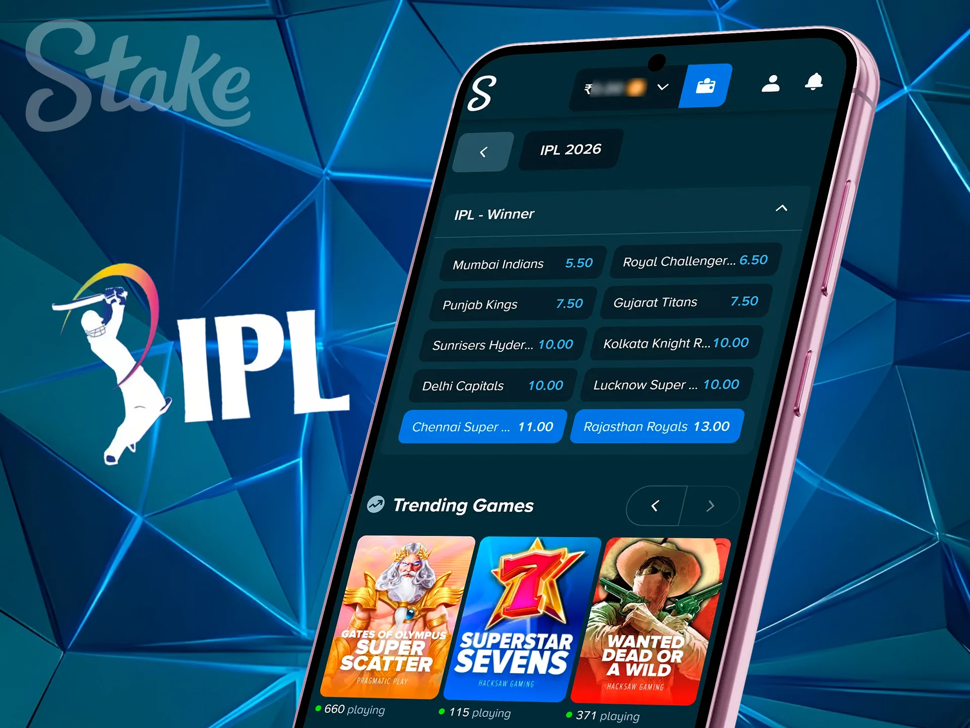 Mobile app interface focused on IPL cricket betting.