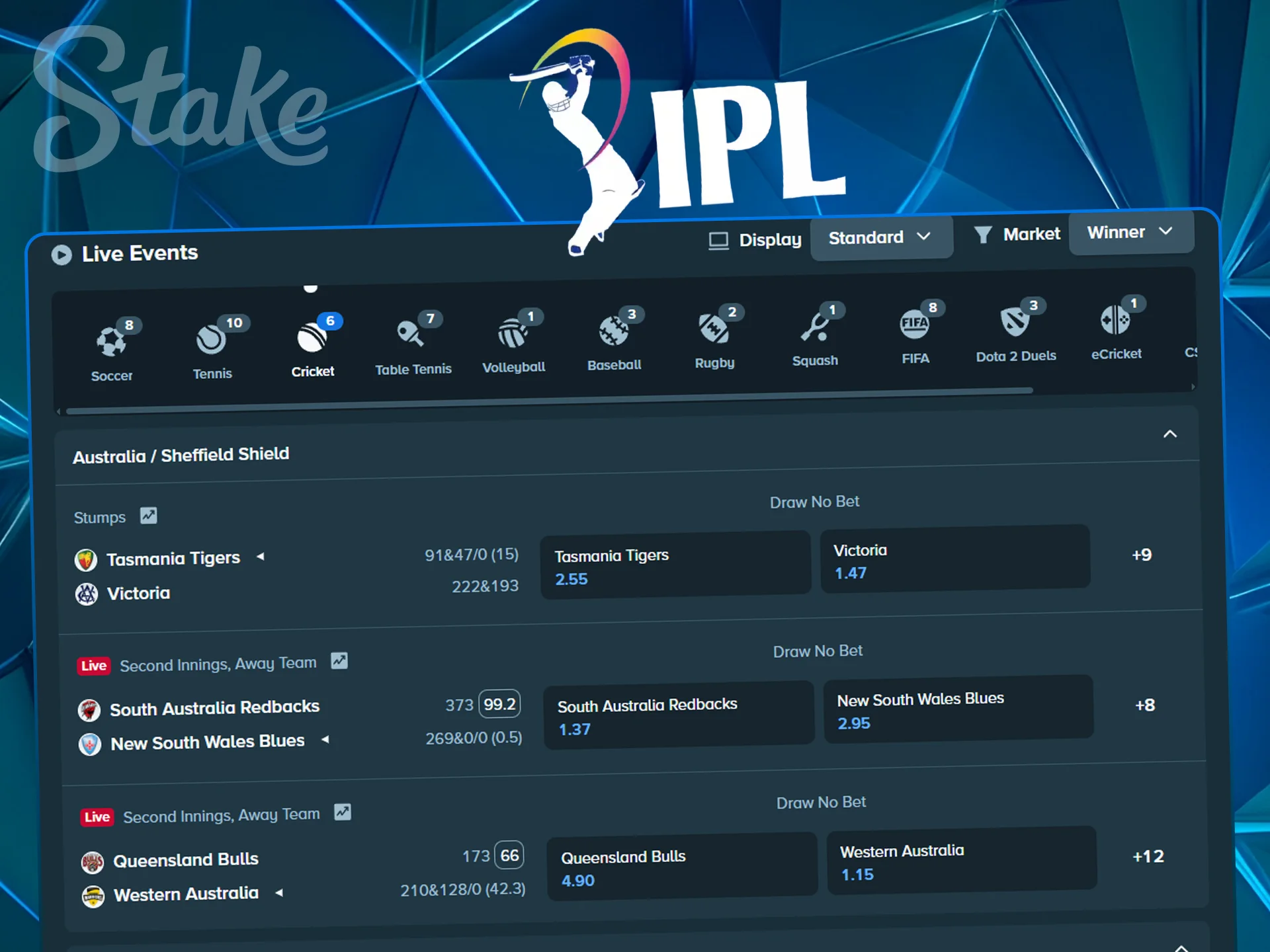 Real-time betting odds during a live IPL match.