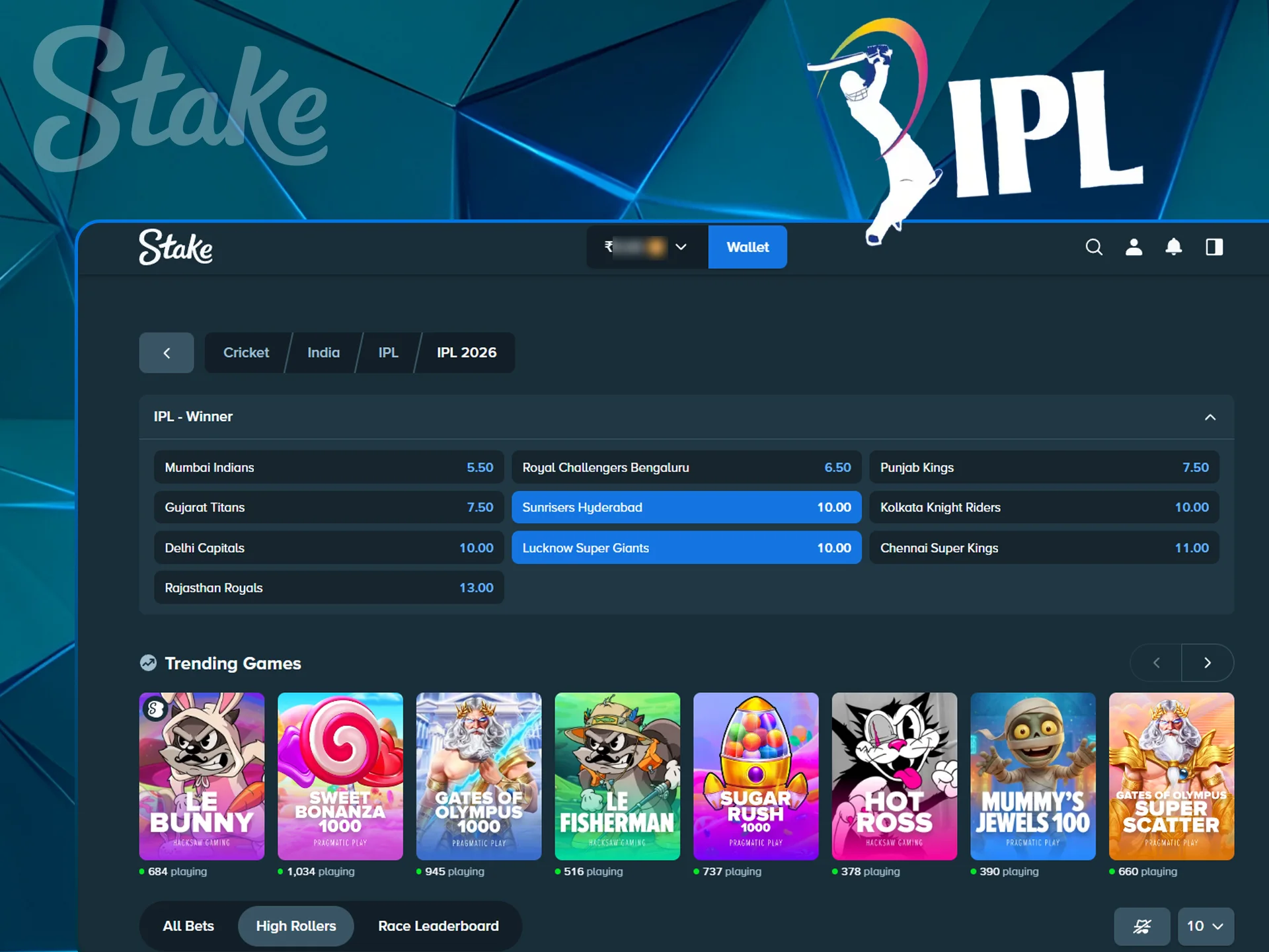 Simple betting interface for IPL match toss results.