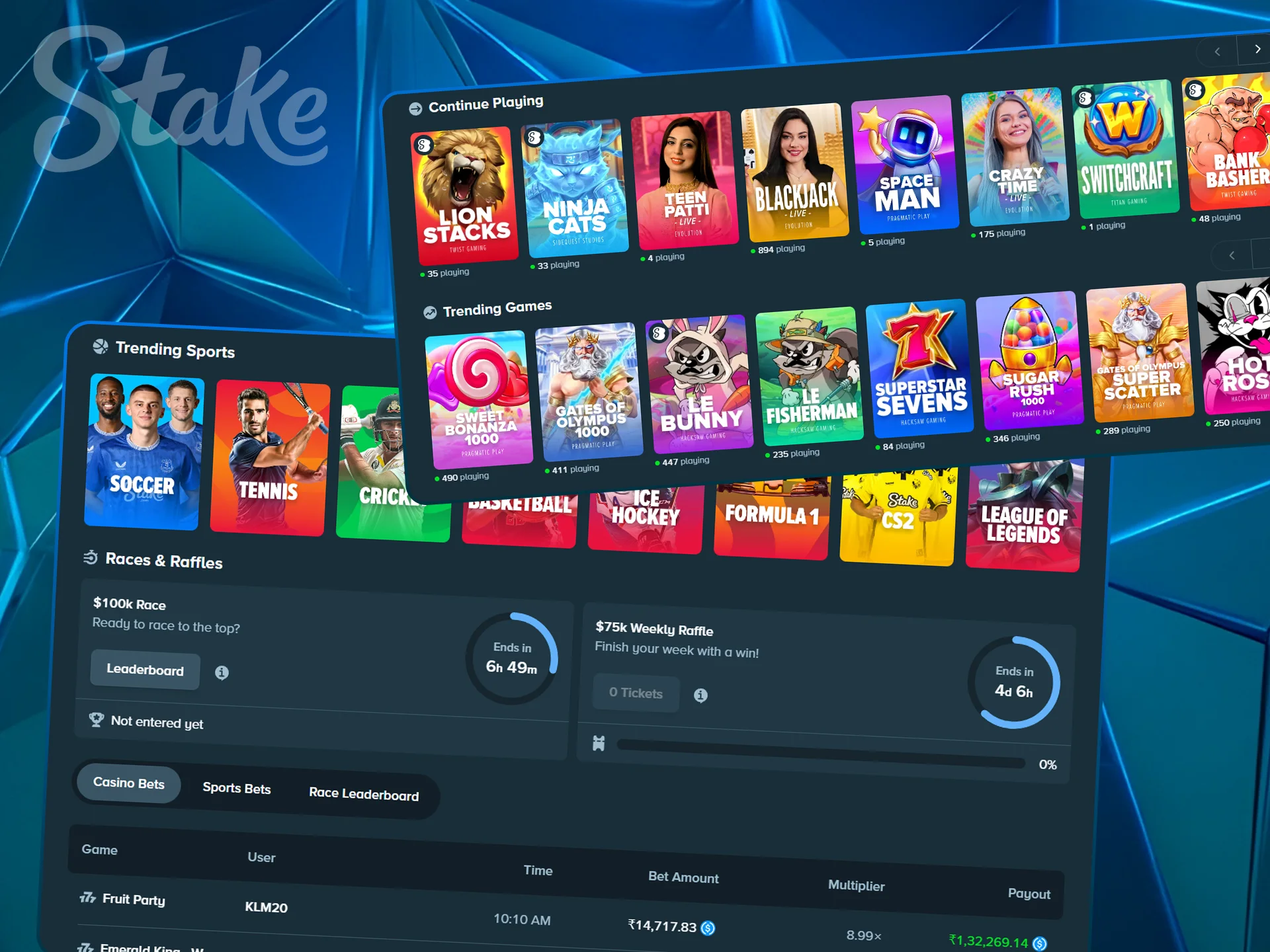 Dashboard showing alternative game categories and icons.
