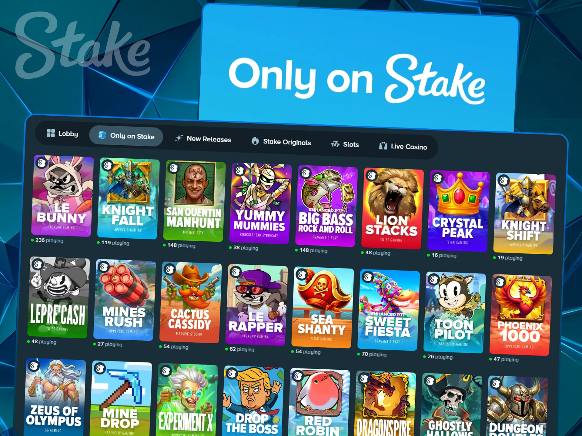 Grid displaying exclusive Stake branded slot games.