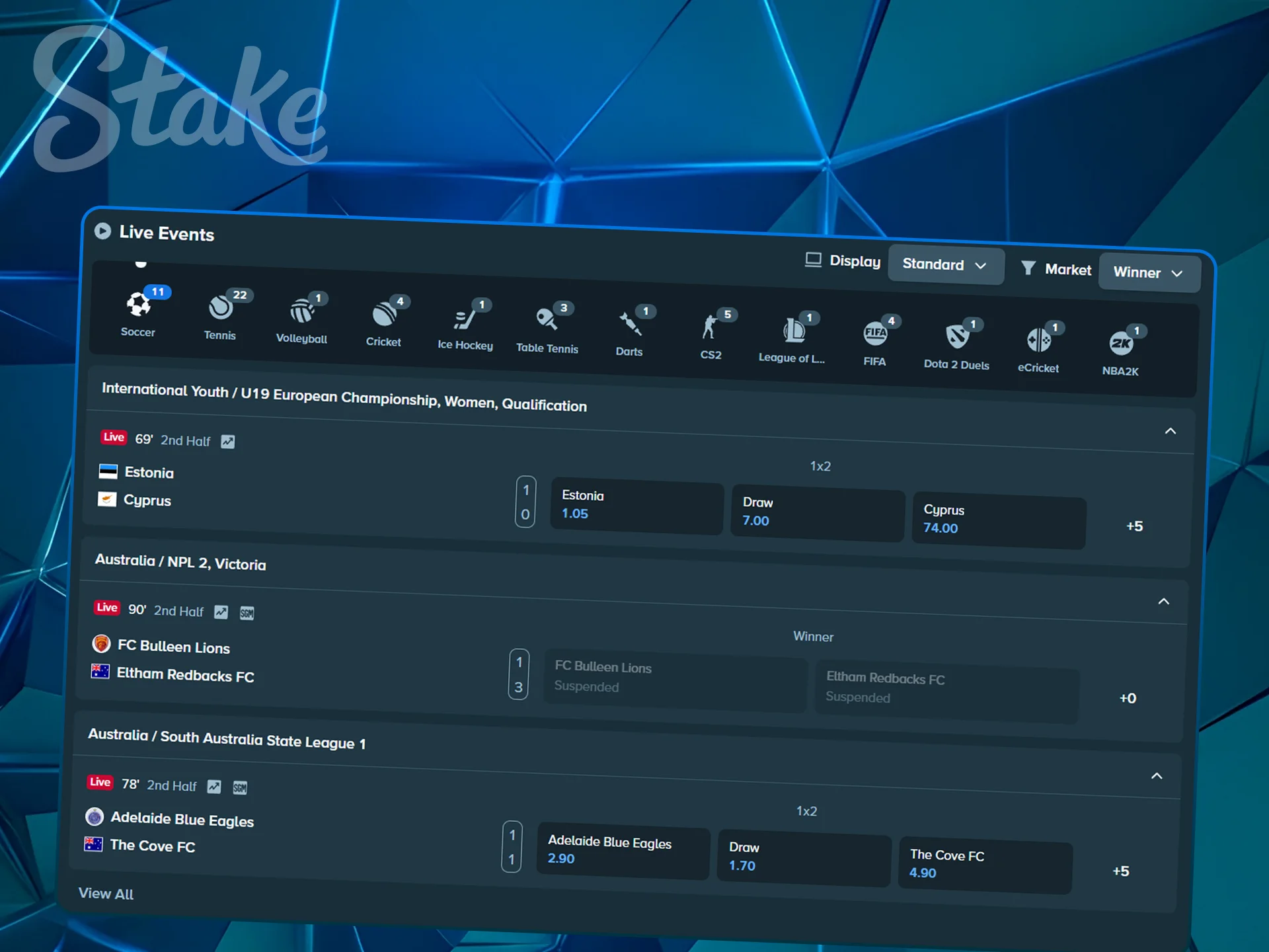 Dashboard displaying active live sports betting markets.