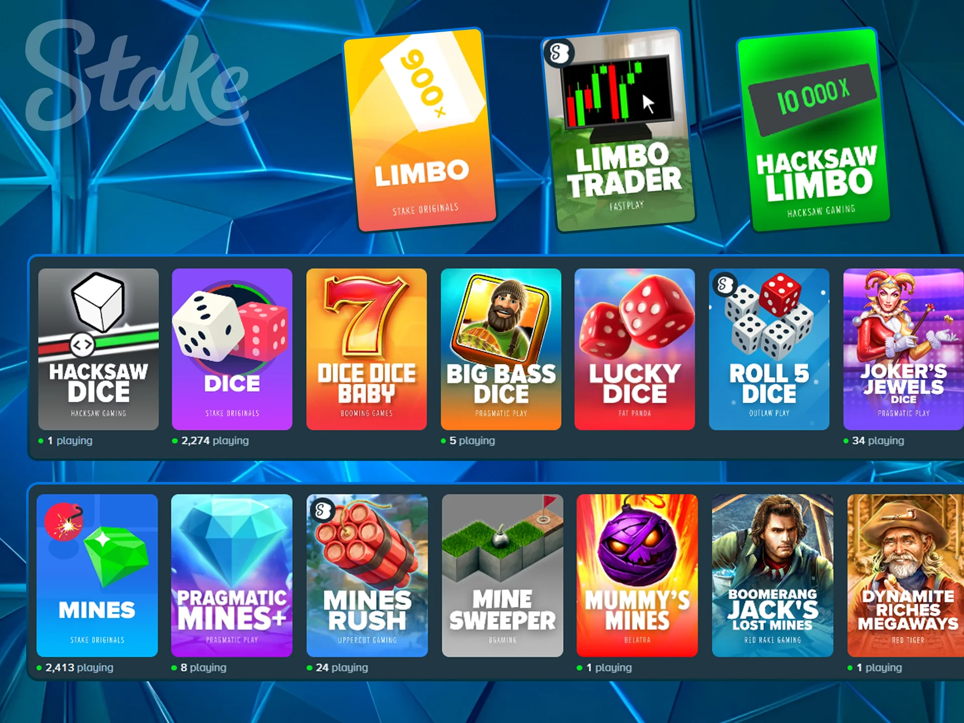 Preview icons for Mines, Dice and Limbo games.
