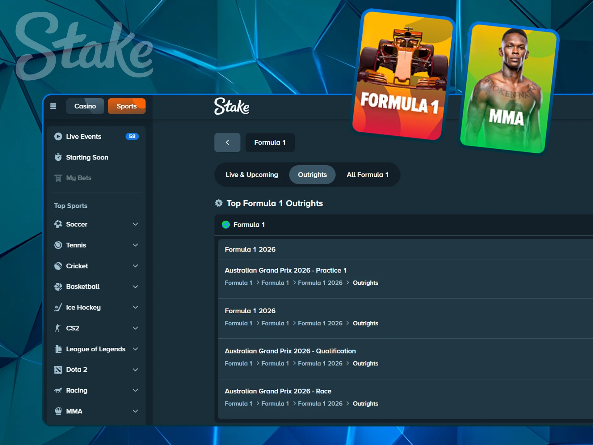 Betting icons for UFC and Formula 1.