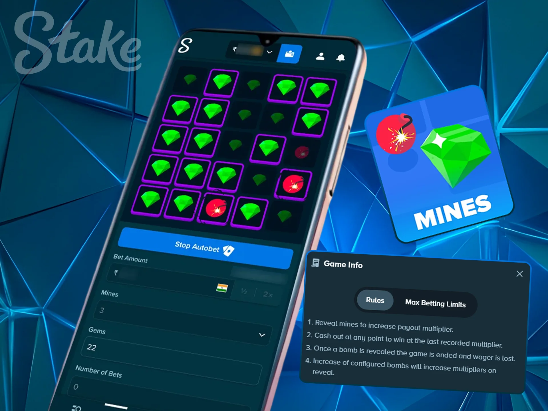 Stake mobile application displaying the Mines game grid.
