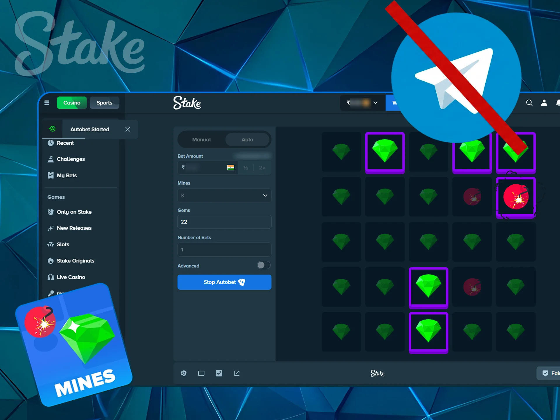 Graphic promoting community Telegram channels for Mines players.