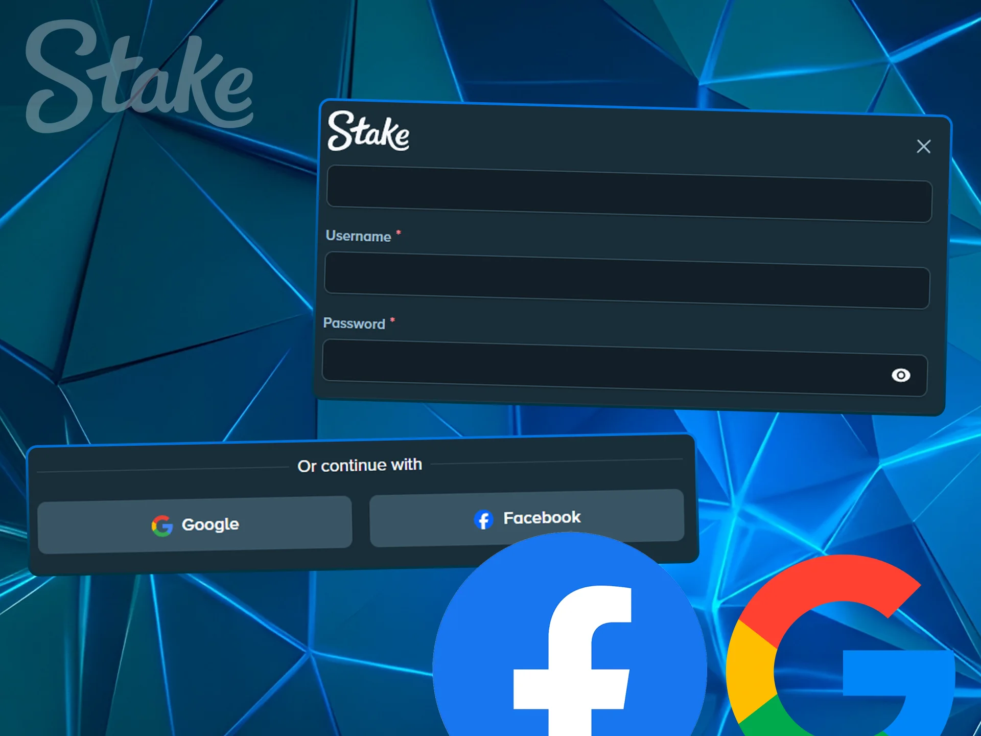 Quick login options using Facebook and Google accounts.