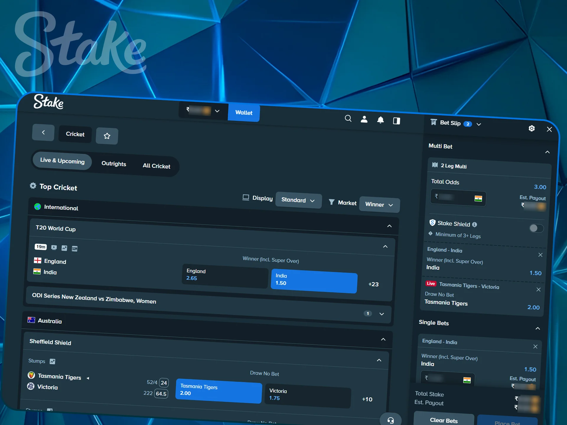 Slip interface for organizing and placing multiple bet parlays.