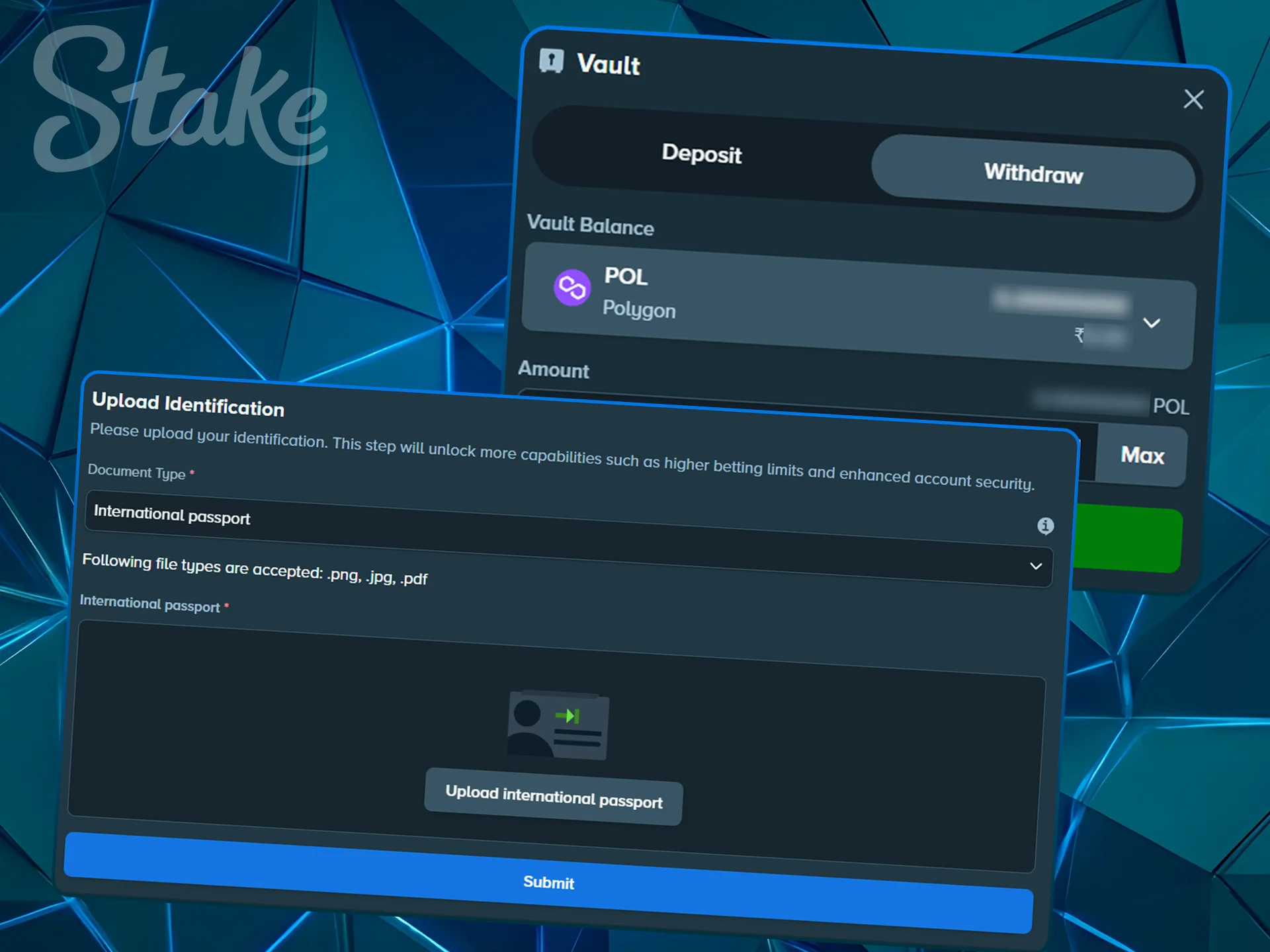 Notification screen confirming the identity verification for withdrawals.